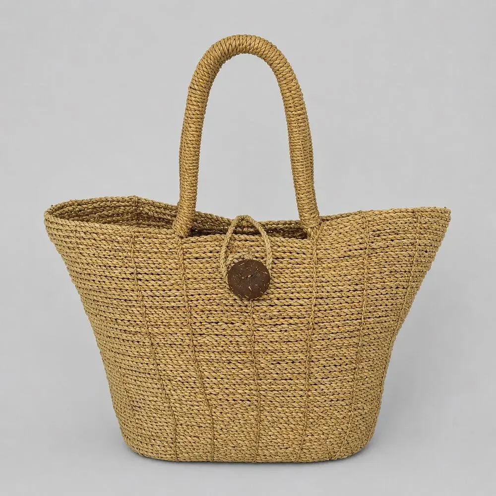 Vintage 90s Straw Tote Bag Coconut Button Closure Beach Tote